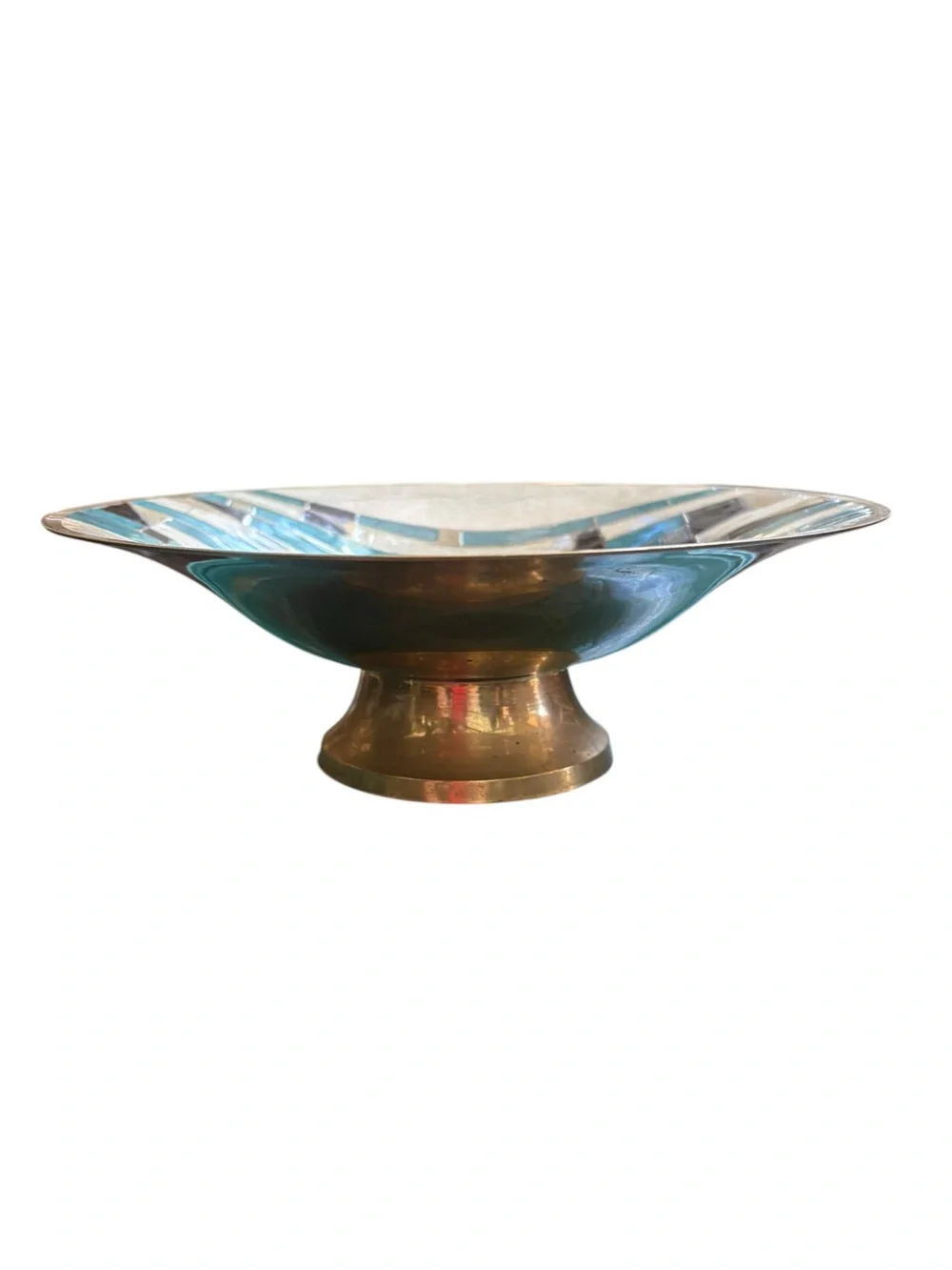 Vintage Brass Enamel  Turquoise Ivory Pedestal Bowl 9